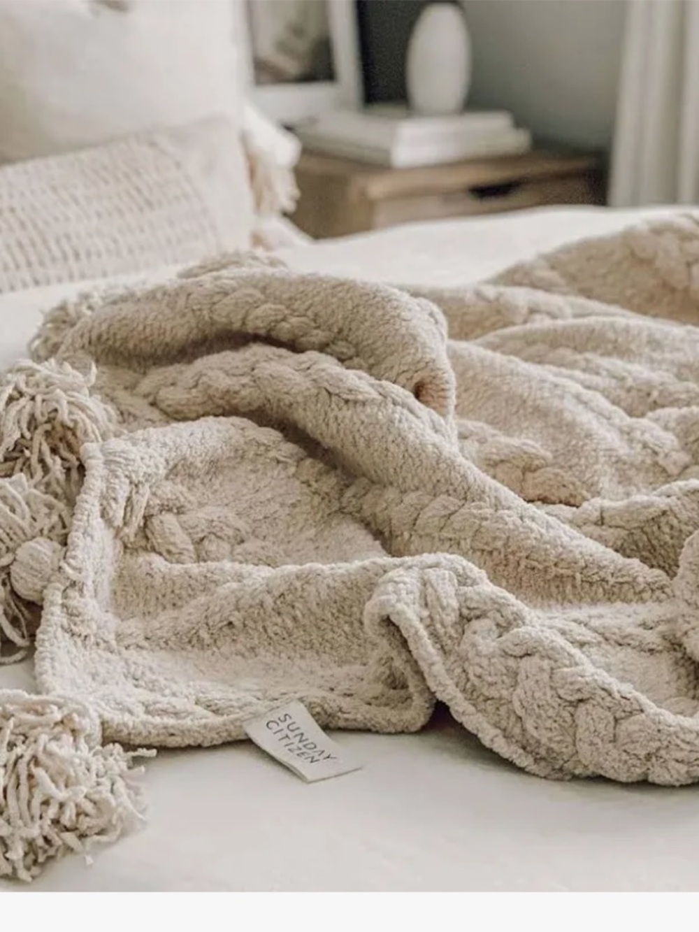 Sunday Citizen White Cable Knit Throw Blanket - Braided Texture - Picture 2 of 7